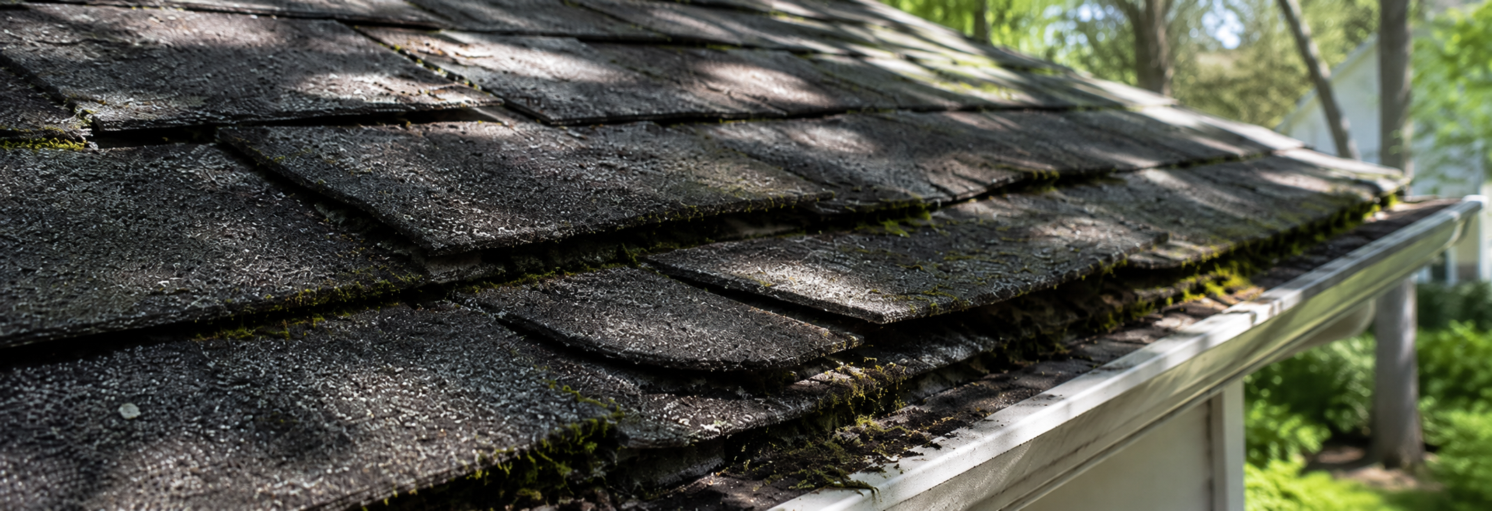 Close-up of moss growth on dark asphalt shingles near the roof edge showing lifted shingle edges