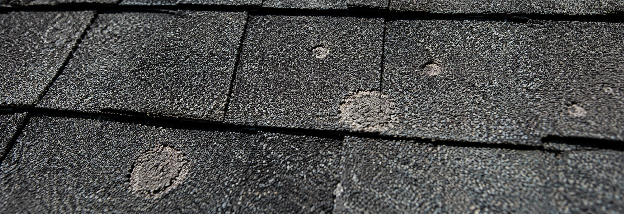 Close-up of dark asphalt shingles showing circular granule-loss patterns from hail impact