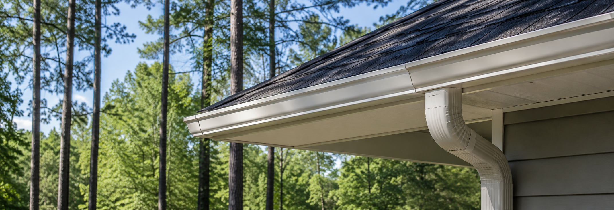 Clean seamless aluminum gutter with proper downspout extension discharging water away from a Peachtree City home foundation