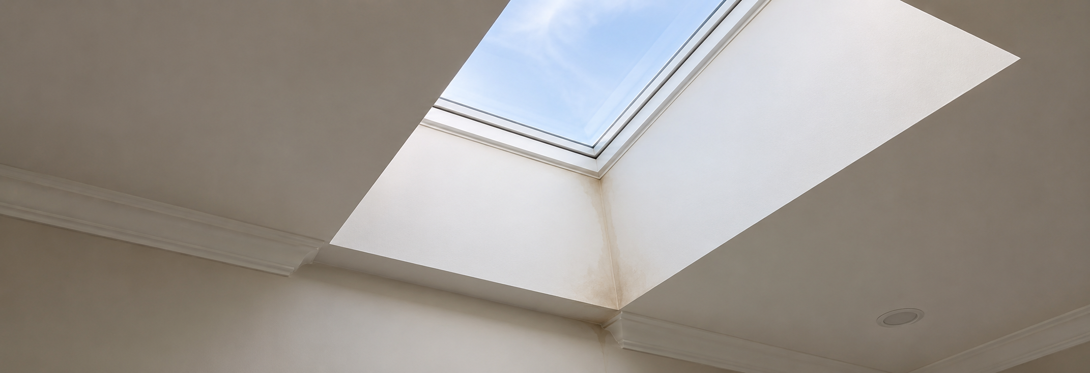 Interior view upward toward a residential skylight showing early water staining at the corner of the light shaft frame