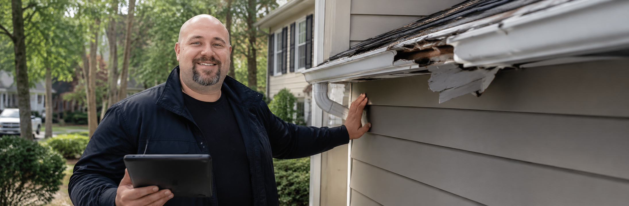 Josh Thompson walking the exterior of a Peachtree City home documenting storm damage to gutters and siding