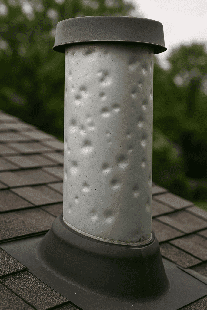 Storm damage signs on Peachtree City rooftop vent