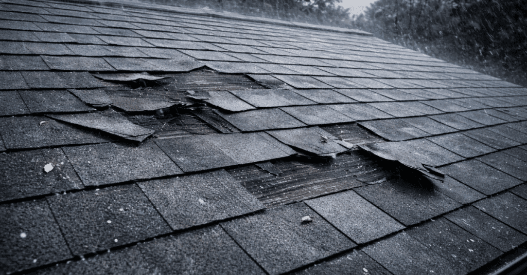 Storm-damaged asphalt shingle roof with torn and lifted shingles exposing underlayment during heavy rain in Peachtree City