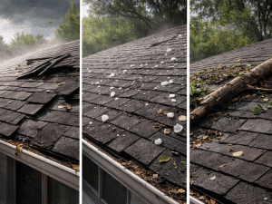 Storm damage to roof showing missing shingles, hail damage, and debris on the roof in Peachtree City, GA.