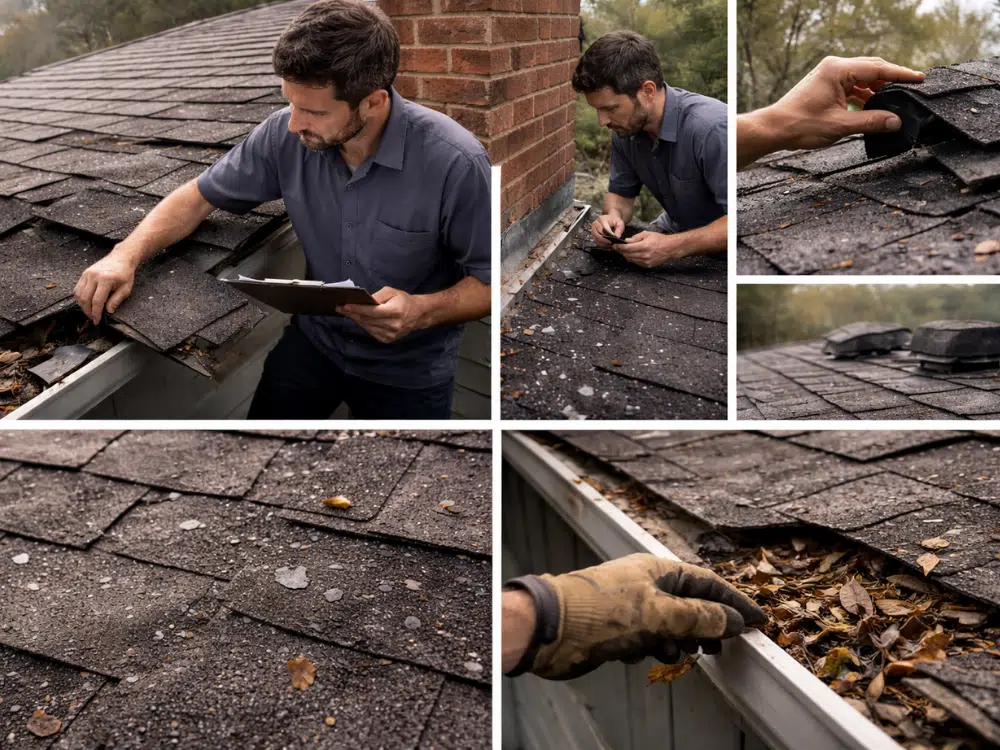 Roofing professional inspecting roof shingles, gutters, and roofing components for damage during a roof inspection in Peachtree City, GA.