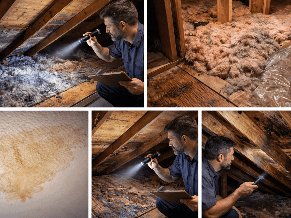 Roofing professional inspecting attic for water stains, damaged insulation, and roof leaks in Peachtree City, GA.