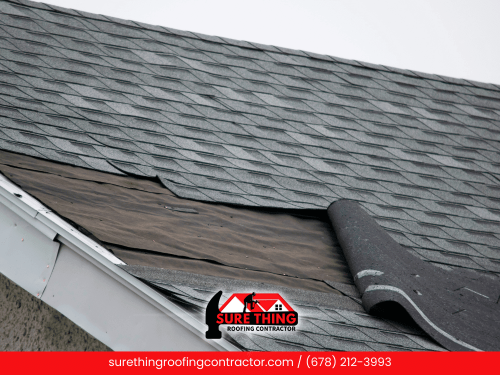 Roof installation in progress in Peachtree City, GA with shingles partially installed