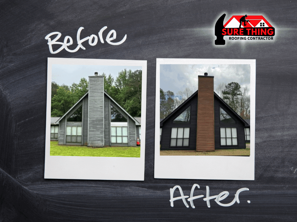 Before and after transformation of a home in Milner, GA with new roofing and cedar siding.